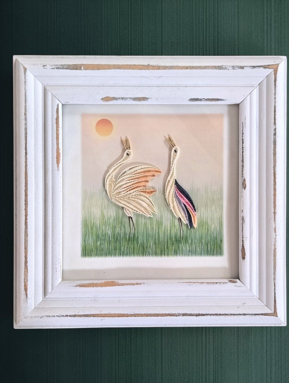 Framed Handcrafted  Paper Quilling Art - Two Cranes Good Fortune Gift